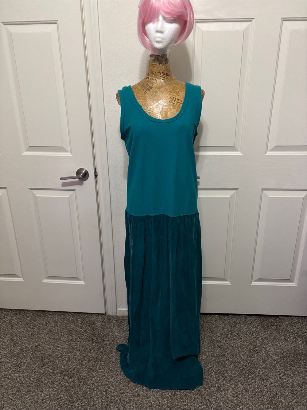 Tianello turquoise tank dress vintage large made in USA silk bottom boho summer